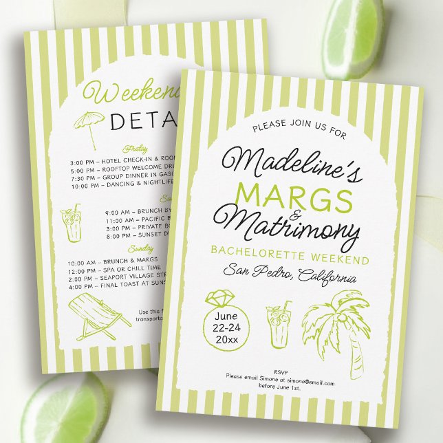 Margs och bröllopskalk Ark brudtjejfest Inbjudningar (margs and matrimony bachelorette theme invitation itinerary hand drawn modern beach pool tequilla)