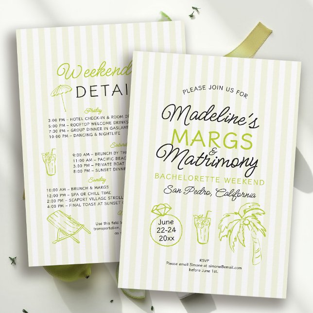 Margs och giftermål Lime Stripe Möhippa-fest Inbjudningar (margs and matrimony bachelorette theme invitation itinerary lime stripe hand drawn beach pool )