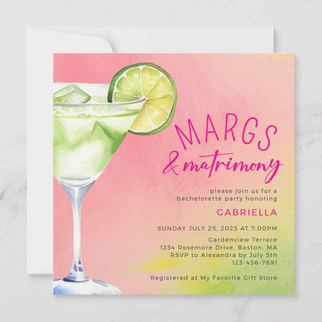 Margs och Matrimony Rosa Grönt Bachelorette Party Inbjudningar (Framsida)
