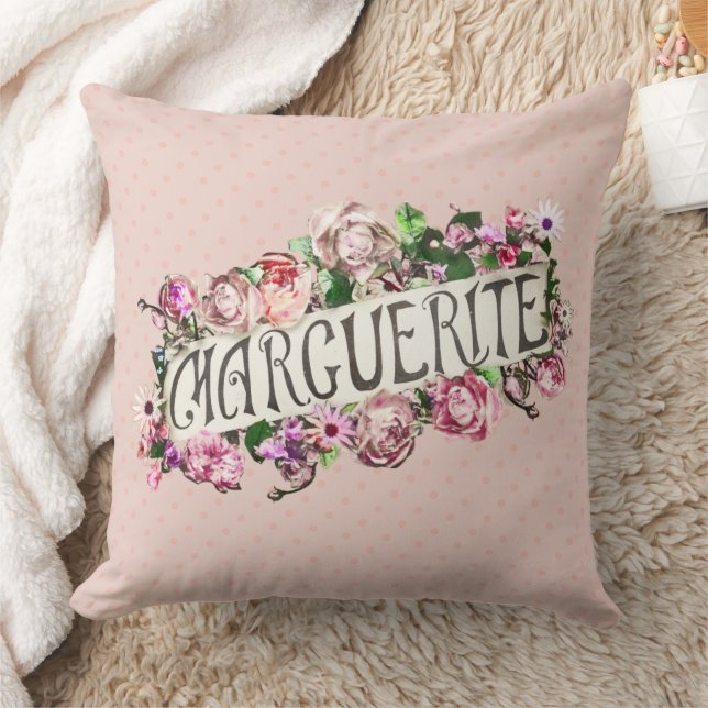 Marguerite Namn Vintage Blommigt Banner Cute & Gir Kudde (Filt)