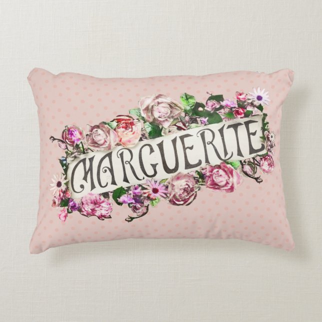 Marguerite Namn Vintage Blommigt Banner Cute & Gir Prydnadskudde (Framsidan)