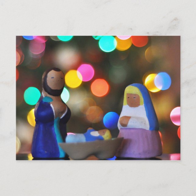 Maria, Josef & Jesusbarnet, julkrubba, bokeh, ljus Vykort (Framsida)