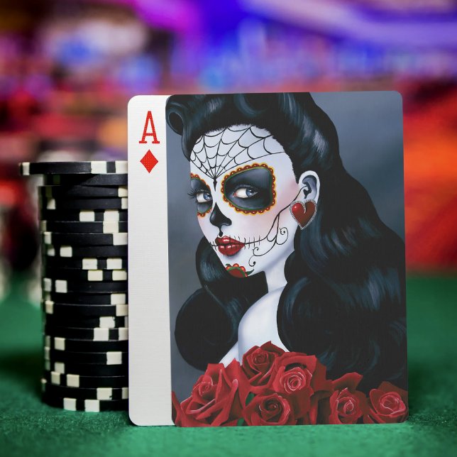 Maria Sugar SKull Röd ros Casinokort (Skapare uppladdad)