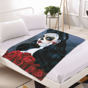Maria Sugar Skull Röd ros Fleecefilt