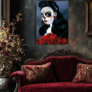Maria Sugar Skull Röd ros Poster