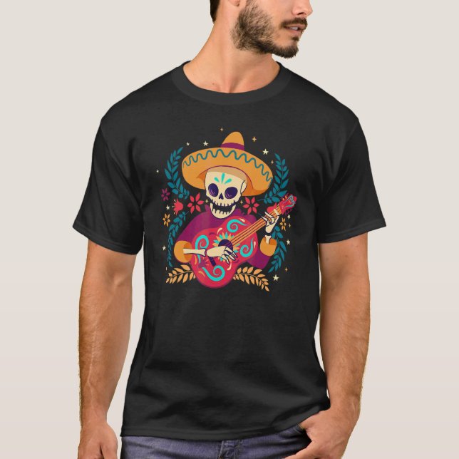 Mariachi-dagen för död Skeleton Cinco de Mayo Mexi T Shirt (Framsida)