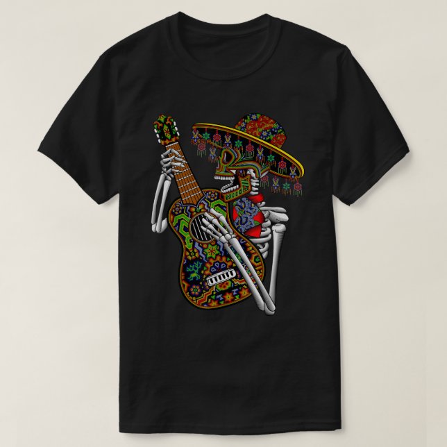 Mariachi Skeleton Spela Guitar Day of the dead T Shirt (Design framsida)