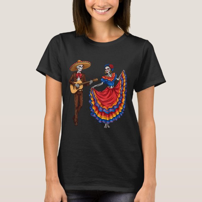 Mariachi Skelettpar Guitar Dans Dag För De T Shirt (Framsida)