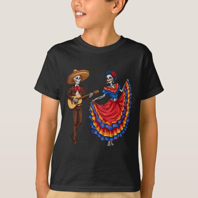 Mariachi Skelettpar Guitar Dans Dag För De T Shirt (Framsida)