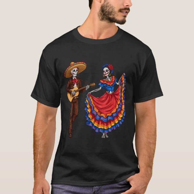 Mariachi Skelettpar Guitar Dans Dag För De T Shirt (Framsida)