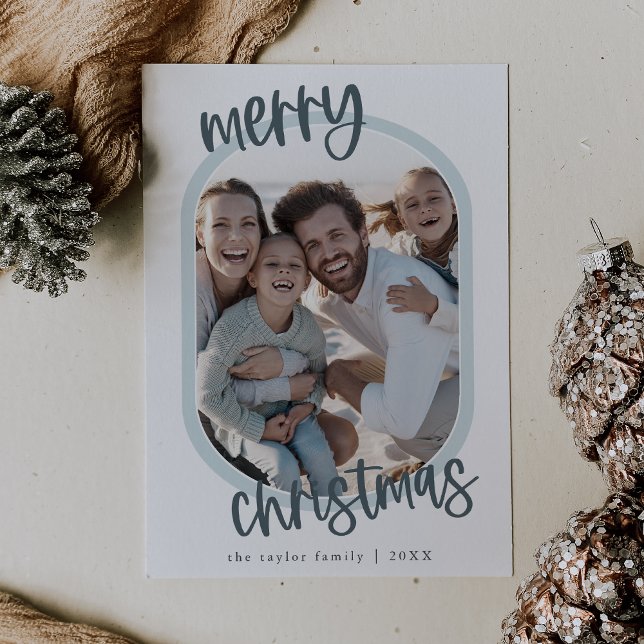 MARIAH Blue Retro Family Roligt - Julfoto - MARIAH Julkort (MARIAH Blue Retro Family Fun Christmas Photo Holiday Card)