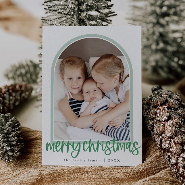 MARIAH Grönt Arch Family Photo God jul Julkort (MARIAH Green Arch Family Photo Merry Christmas Holiday Card)