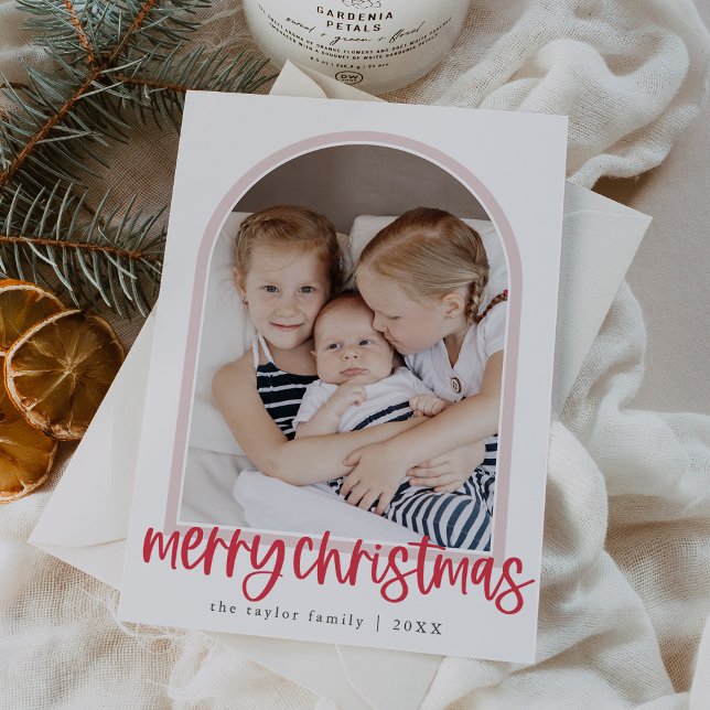 MARIAH Red Rosa Arch Family Photo God jul Julkort (MARIAH Red Pink Arch Family Photo Merry Christmas Holiday Card)
