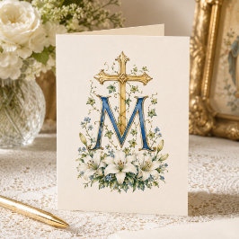 Marian Kors Blå Blommig Skrift Monogram Tack Kort