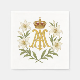 Marian Monogram Guld Krona Vit Lilja Katolsk Pappersservett