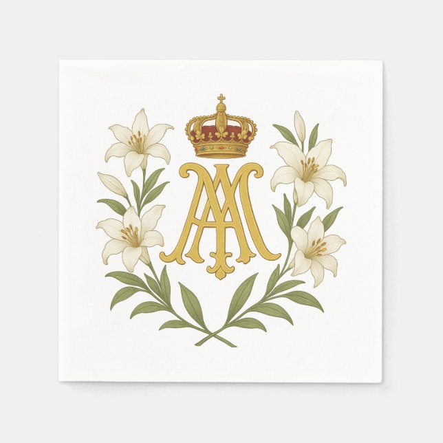 Marian Monogram Guld Krona Vit Lilja Katolsk  Pappersservett (Framsidan)
