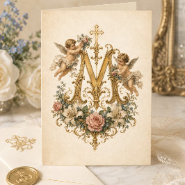 Marian Monogram Keruber Blommig Katolsk Tack Kort
