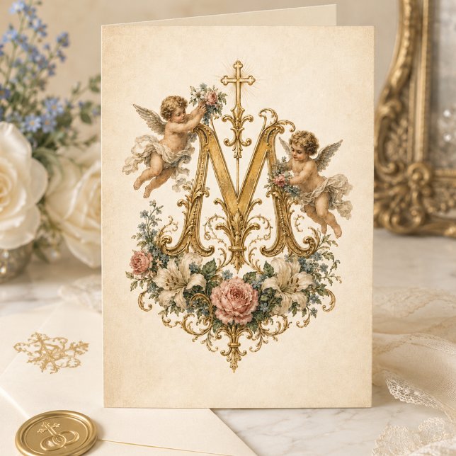 Marian Monogram Keruber Blommig Katolsk Tack Kort (Skapare uppladdad)