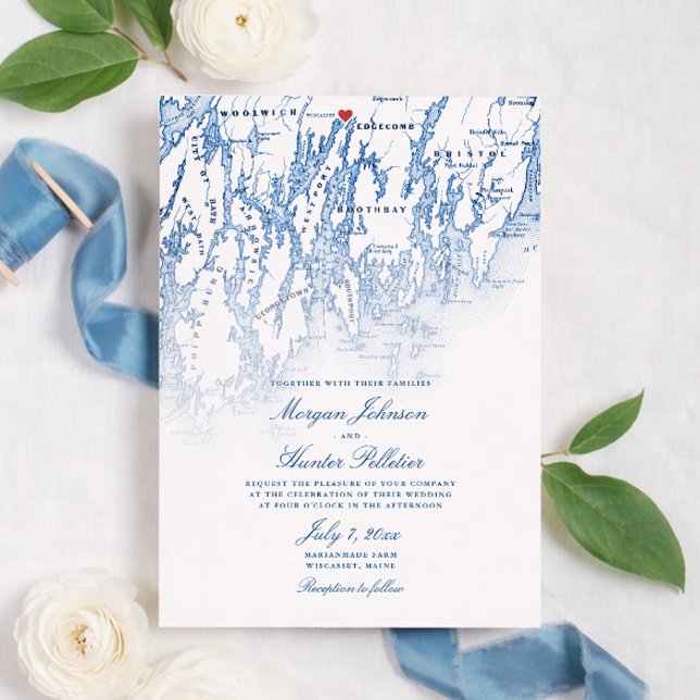 Marianmade Farm Wedding Wiscasset Maine Map Inbjudningar (Marianmade Farm Wedding Wiscasset Maine Map Invitation in elegant navy blue by Coastal Map Designs)