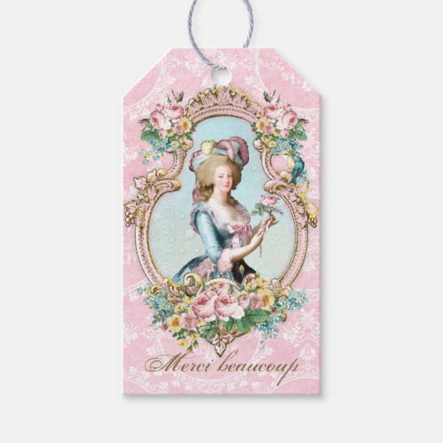 Marie Antoinette French Pink roses portrait Presentetikett (Framsidan)