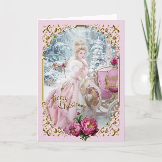 Marie Antoinette Pink carriage deer Christmas card Inbjudan (Framsida)