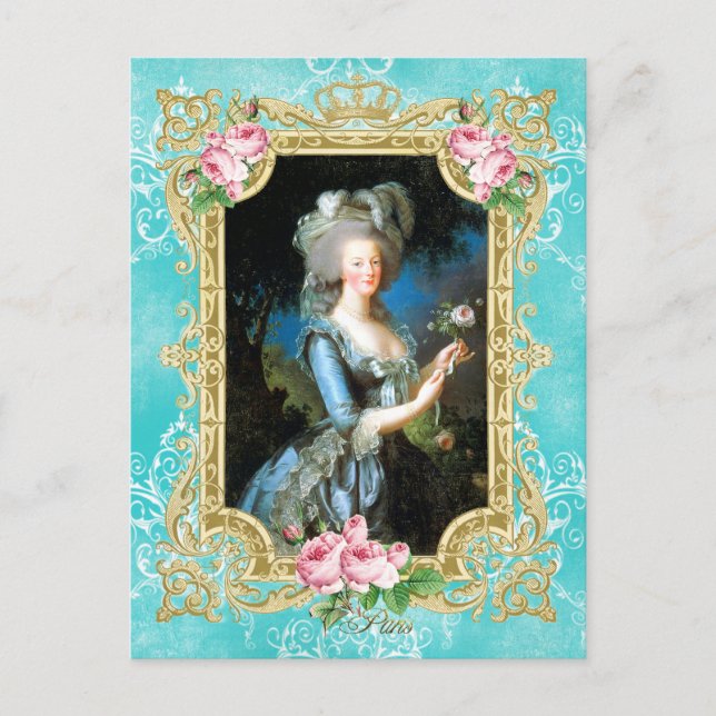 Marie Antoinette Porträtt Blue Damask-vykort Vykort (Framsida)