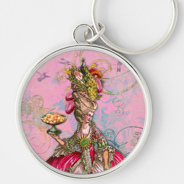 Marie Antoinette Shock rosa & Peacock Rund Silverfärgad Nyckelring (Framsidan)