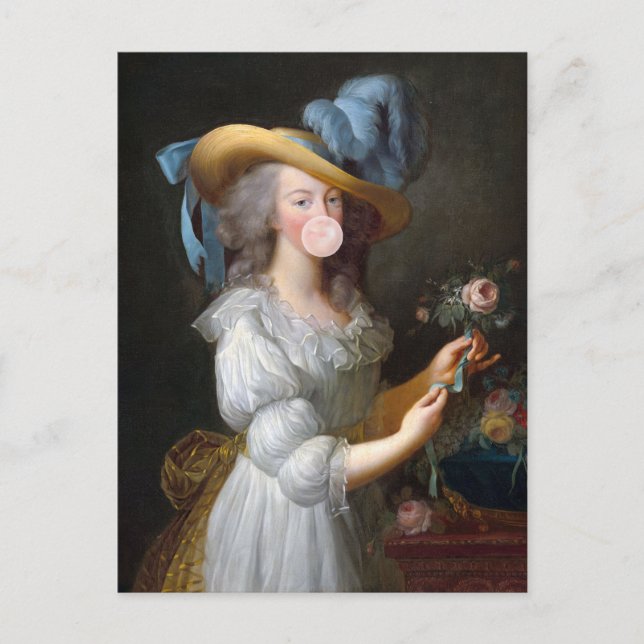 Marie Antoinette som blåser en rosa bubbelgum Vykort (Framsida)