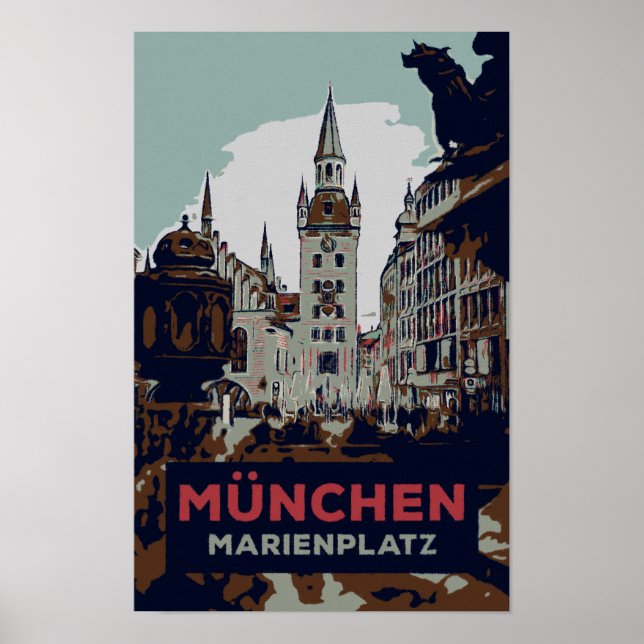 Marienplatz, München City Center Illustration Poster (Framsidan)