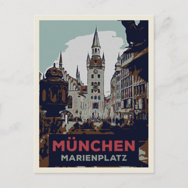 Marienplatz München City Center Illustration Vykort (Framsida)