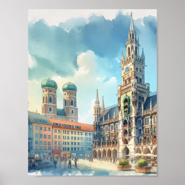 Marienplatz München Tyskland Watercolor Poster (Framsidan)