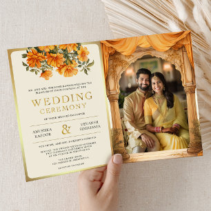 Marigold Blommig Gul Sydindisk Mandap Bröllop Inbjudan