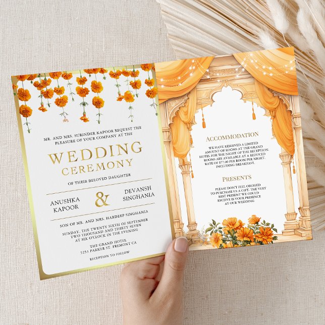 Marigold Blommig Sydindisk Mandap Hindu Bröllop Inbjudan (Skapare uppladdad)