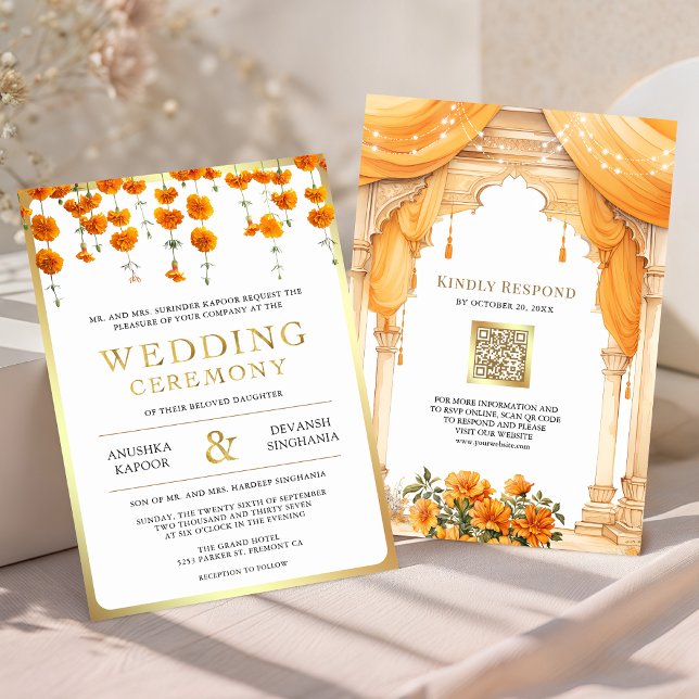 Marigold Blommig Sydindisk Mandap Hinduisk Bröllop Inbjudningar (Skapare uppladdad)