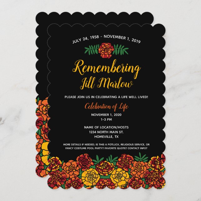 Marigold Blommigt Memorial Service Firande Black Inbjudningar (Fram/baksida)