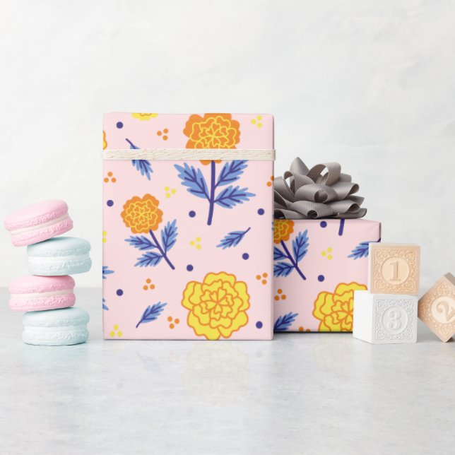 Marigold Blommigt Rosa Wrapping Papper Presentpapper (Baby Shower)