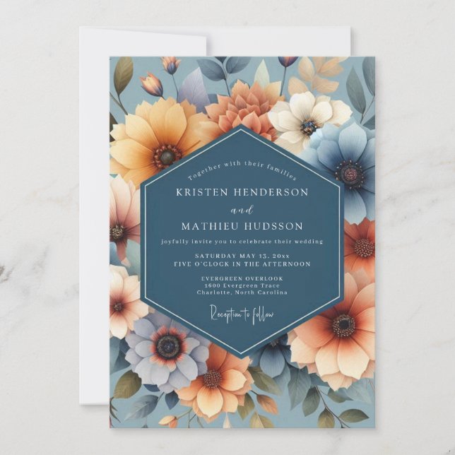 Marigold & Blue Artistic Bloom Wedding Inbjudningar (Framsida)