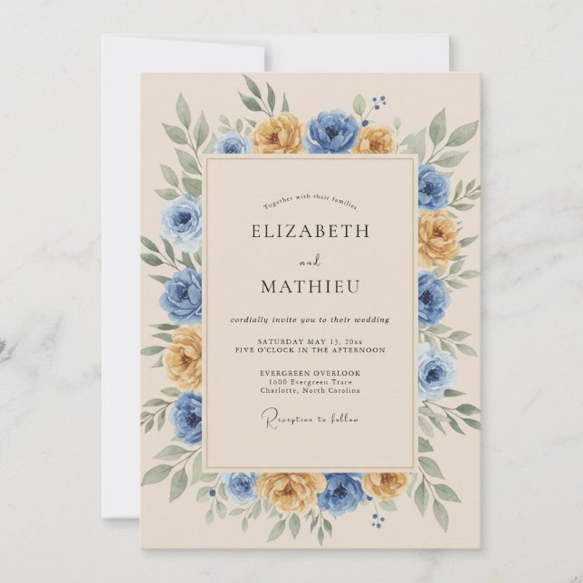 Marigold Blue Rustic Botanical Wedding Inbjudningar (Framsida)