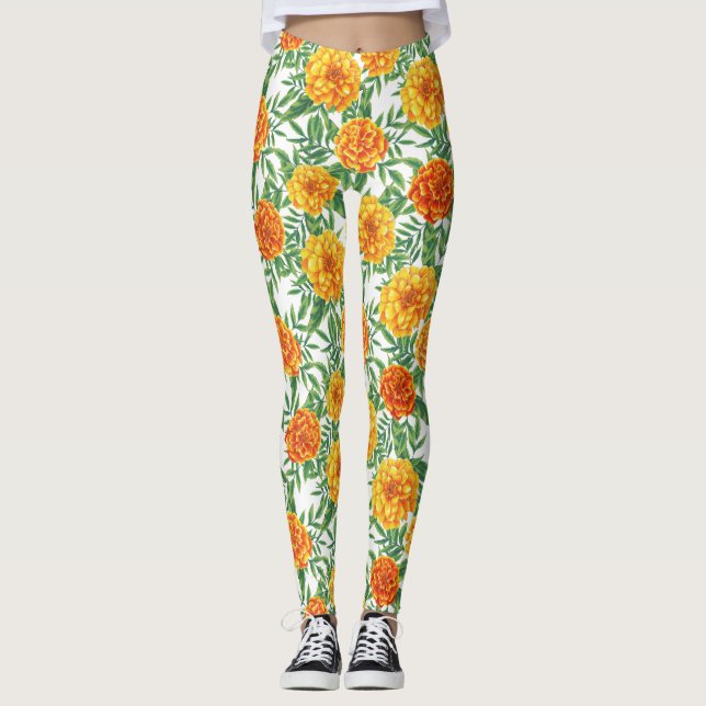 Marigold Flower Mönster Leggings (Framsida)