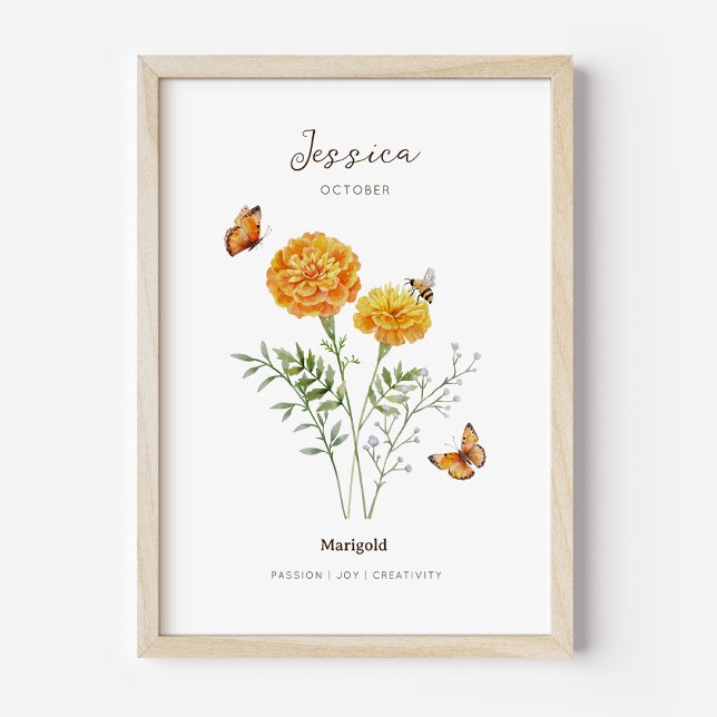 Marigold Födelsemånad Blomma Affisch (Example of marigold birth flower poster once framed. )