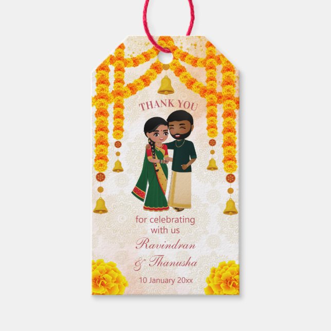 Marigold garlands klockor med Tamil Telugu bröllop Presentetikett (Framsidan)
