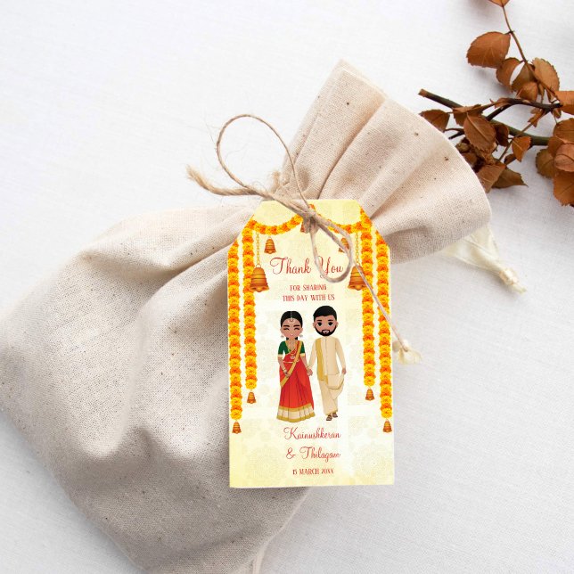 Marigold garlands klockor med Tamil Telugu bröllop Presentetikett (Tamil wedding quirky wedding favor gift tags cute Tamil bridal couple marigolds favor tags)