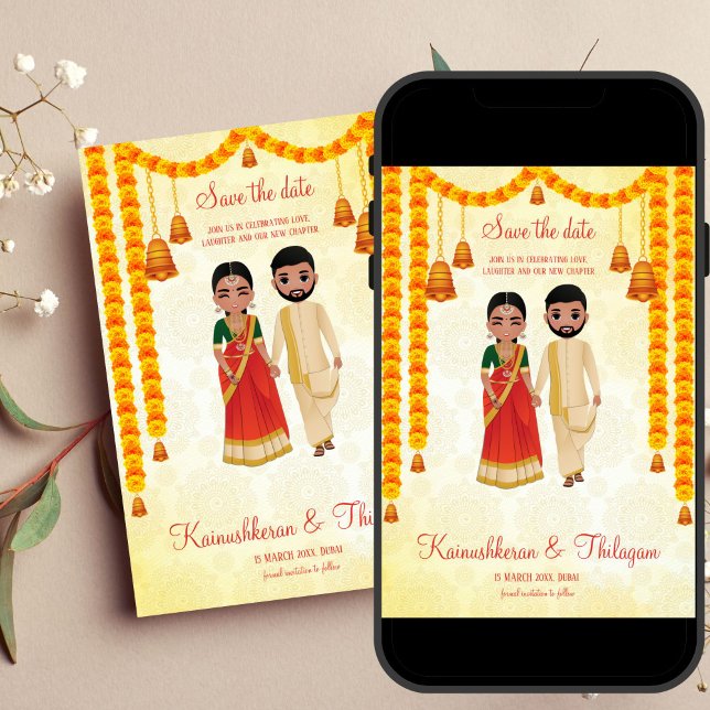 Marigold garlands klockor Tamil Telugu sparar datu Inbjudningar (South Indian Tamil wedding save the date editable template invitation digital download cute couple)