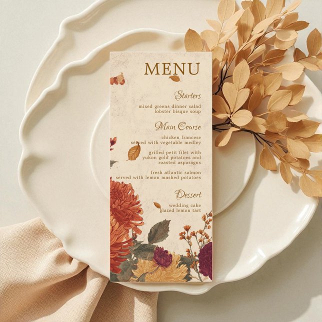 Marigold Gräns Rustic Boho Hösten Blommigt Bröllop Meny (Marigold Border Rustic Boho Autumn Floral Wedding Menu)