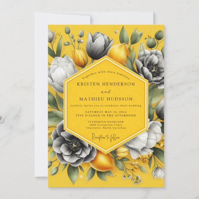 Marigold Greyscale Citrus Wedding Inbjudningar (Framsida)