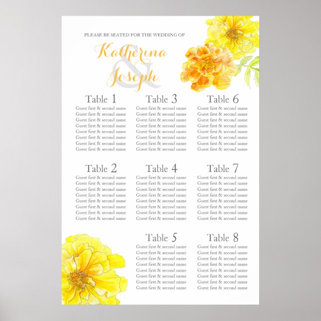 Marigold gult Bröllop Sittande Bord Planner 1-8 Poster (Framsidan)