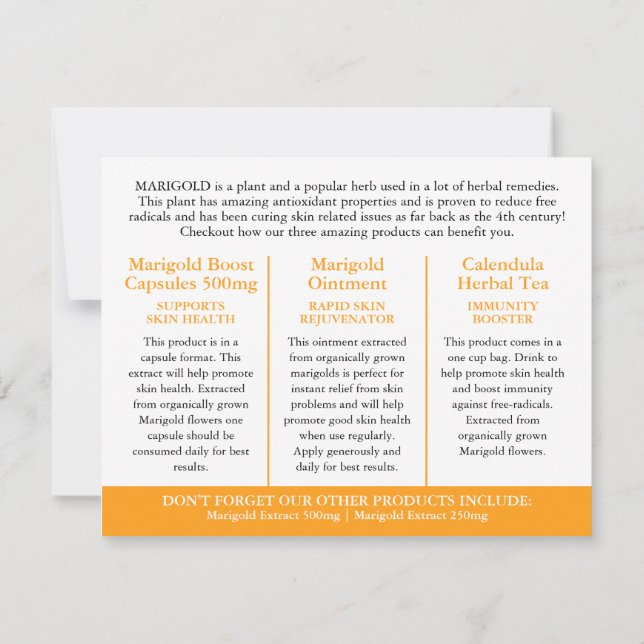 Marigold herbalists medicinal three products info (Baksida)