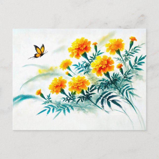 Marigold med Monarch Butterfly Asian Bläck-målning Helg Vykort (Framsida)