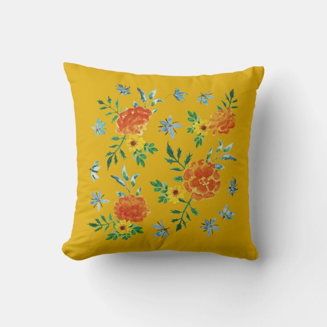 Marigold och Borage Flowers på Mustard Gult Kudde (Framsida)