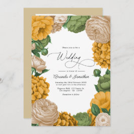 Marigold, Olive & Warm Cream Floral Wedding Inbjudningar